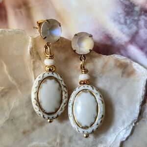 Victorian Ivory Cream & Swarovski Crystal In Gold Plated Cottagecore Earrings